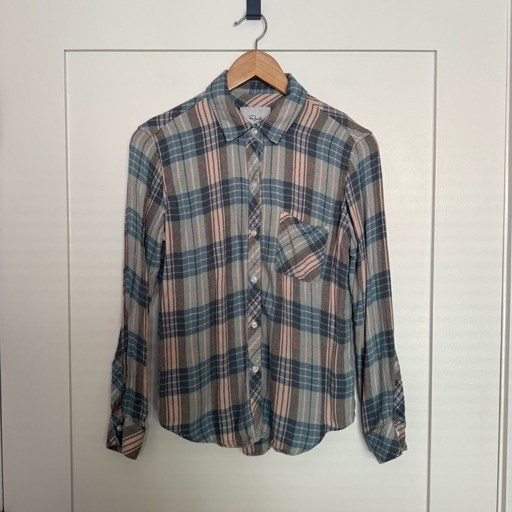 Rails Hunter Peach Lagoon Shirt Womens Sz S Blue Plaid Buton Up Long Sleeve Prep